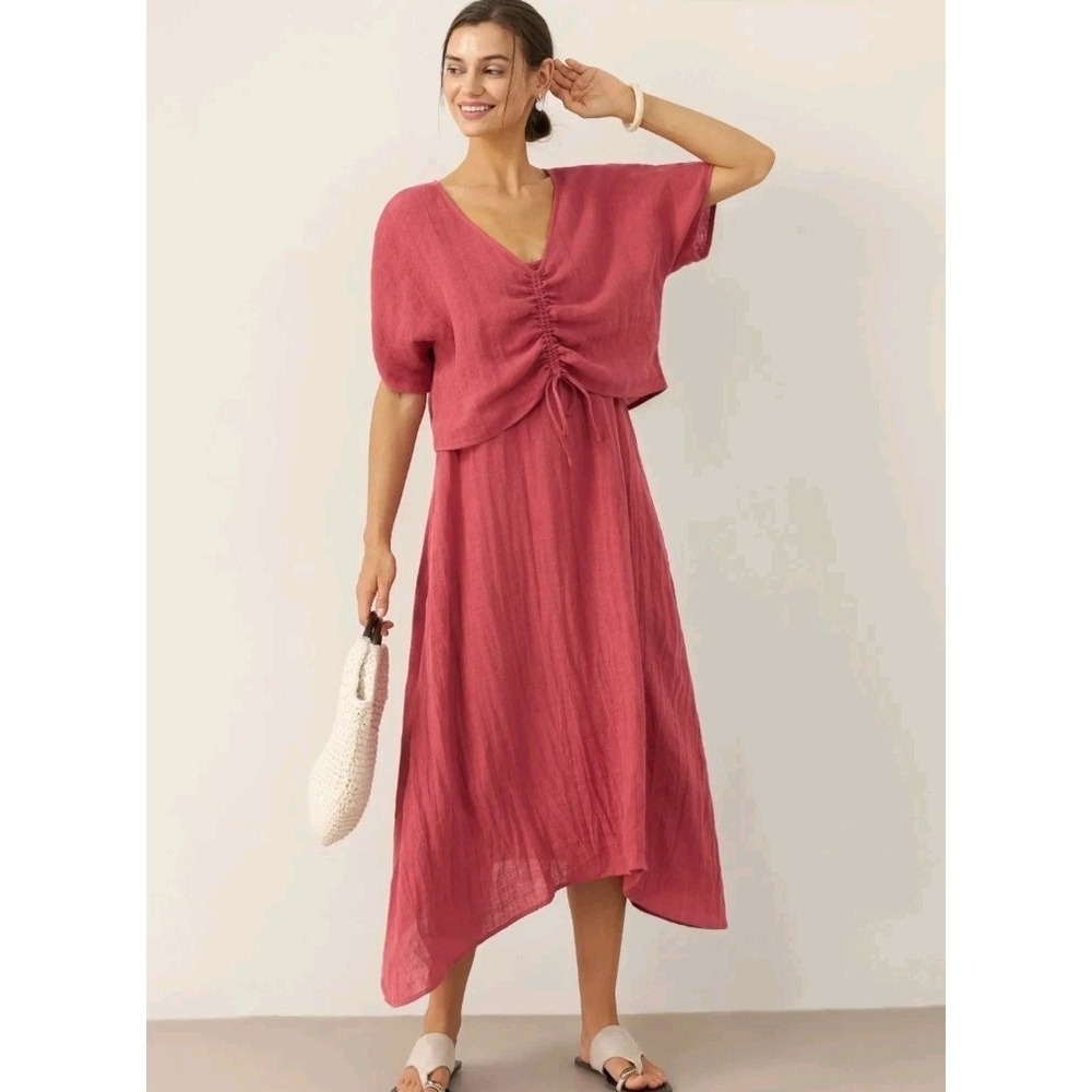 Lintico 100% Linen Dress & Top Set Size L Summer Asymmetrical Beachy Boho